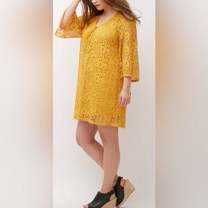Lane Bryant yellow lace midi dress.
3/4 sleeves V-neck laced up. Lined. Sz 18-20